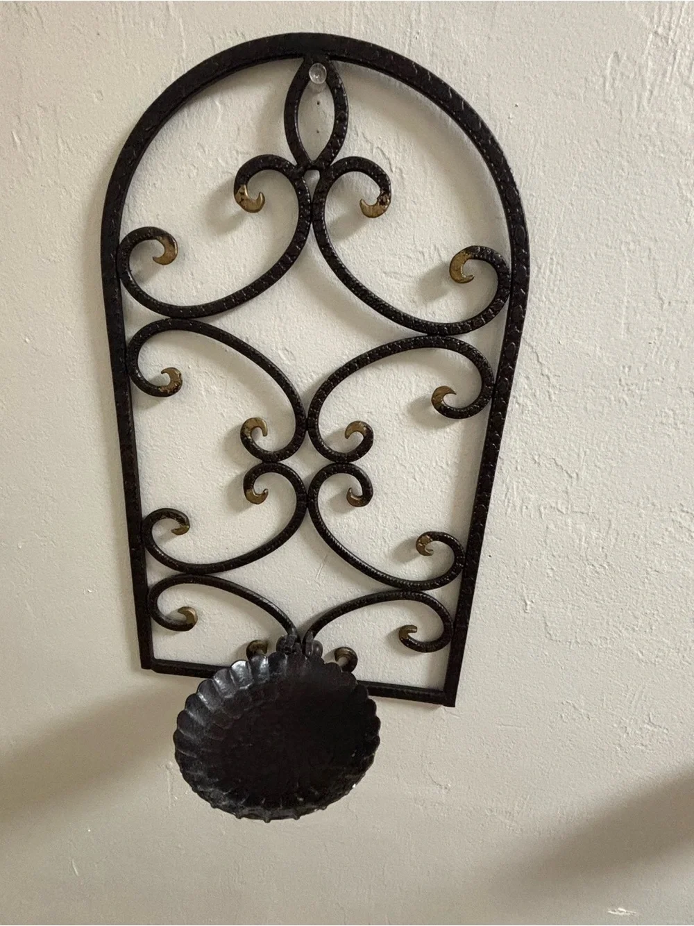Two vintage iron scroll wall sconce candle holders